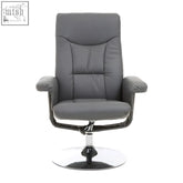 Denton grey leather effect reclining chair with grey pu leather, chrome pedestal base, and 360 degree swivel mechanism