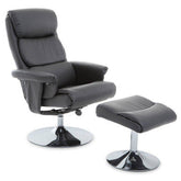 Black leather effect reclining chair with matching ottoman and chrome pedestal bases in denton grey leather effect