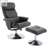 Black leather effect reclining chair with matching ottoman and chrome pedestal bases in denton grey leather effect