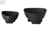 Deriva set of two textured black bowls with matte black ceramic finish and footed bases for rustic style dining