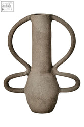A small grey vase made of matte ceramic with a textured earthy finish and four sculpted abstract handles