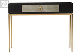 Black console table with textured silver shagreen effect drawer and gold-tone ring handle on brass legs deruta shagreen effect