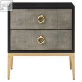Black framed deruta two drawer nightstand with two drawer grey shagreen textured drawers and gold ring pulls