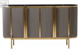 Modern dervio grey four door sideboard with sleek black marble top and gold metal frame with ribbed gray panels