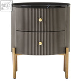 Modern grey two drawer chest with black marble top and gold hardware featuring dark gray ribbed sides