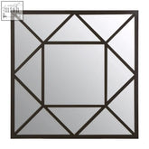 Square mirror with a black metal frame featuring intersecting bars creating geometric patterns for a frame wall mirror