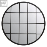 Descartes round metal wall mirror with black metal frame divided into grid panes for stylish wall decor