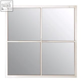 Descrates square window pane wall mirror with four reflective panels in a sleek silver metal frame for modern decor