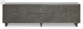 Dark gray shagreen effect media unit sideboard with gold toned hardware and legs for stylish storage