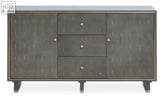 Dark gray shagreen effect three drawer sideboard with gold-tone hardware and sleek modern design by deskey
