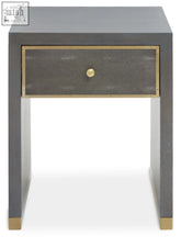 Deskey one drawer grey shagreen effect side table with brass accents and round knob in grey shagreen finish