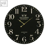 Black mdf wall clock with gold hands and numerals featuring williamson & co edinburgh 1890 branding