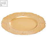 Dia gold finish baroque charger plate with gold finish and ornate embossed floral scrollwork along scalloped edge