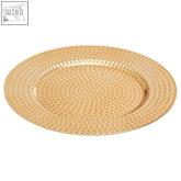 Dia gold finish hammered effect charger plate with textured gold finish hammered metal and raised rim