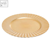 Gold finish wave charger plate with metallic gold color and fluted rim for elegant table settings