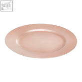 Dia rose gold finish charger plate with sleek rose gold metal and smooth reflective surface with raised rim