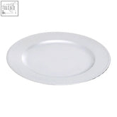 White oval silver charger plate with dotted rim and subtle beaded edge detail for elegant table settings