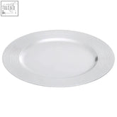 White oval silver charger plate with subtle ribbed rim texture perfect for elegant table settings