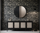 Black-framed round mirror diablo with subtle vertical striping and mystical symbols design on reflective surface