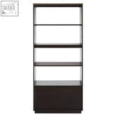 Dark brown diamond oak veneer shelf unit with five open shelves and a closed storage compartment at the bottom