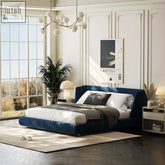 Deep blue velvet king size bed with tufted headboard and sleek modern platform design for super king size bed setup