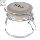Clear glass herbs glass storage jar 500ml with silver-toned metal clasp lid and white herb label by diego herbs