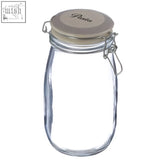 Clear glass storage jar 1500ml with beige lid and metal clasp labeled pasta perfect for pasta glass storage