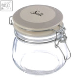 Diego salt glass storage jar 500ml with clear glass body beige lid black cursive salt label and silver clasp closure