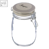 Clear glass sugar storage jar 1000ml with beige lid and silver clasp perfect for kitchen glass storage jar