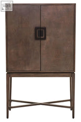 Dimaro antique grey cabinet with brown wood doors, black square handles, and slender metal legs for stylish storage