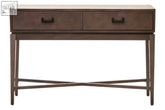 Dark brown wooden antique grey two drawer console table with metal legs and simple modern design