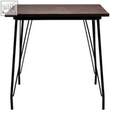 Dark wood elm wood dining table with black metal hairpin legs for a stylish wood dining setup