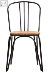 Black metal dining chair with elm wood seat featuring a light wood finish and sturdy metal frame