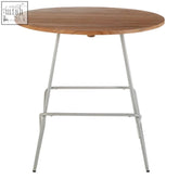District grey metal and elm wood round dining table with a silver metal frame and natural wood finish