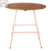 Round wood dining table with elm wood round top and pink metal legs perfect for stylish dining areas