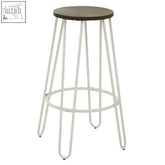 White finish metal hairpin bar stool with district white finish frame and dark wood circular seat for bar use