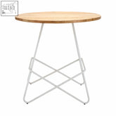District white metal and elm wood round dining table with wood round dining top and sleek white metal legs