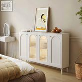 White cabinet with arched glass doors and slender legs in the dmitri hallway sideboard perfect for hallway storage
