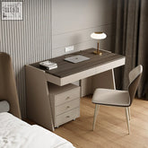 Modern minimalist dmitri office desk with dark wood top light beige sides integrated drawers and sleek metal legs