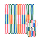 A large 170x170cm dock and bay picnic blanket with vibrant red orange green blue and white stripes on lightweight fabric ideal for damp grass