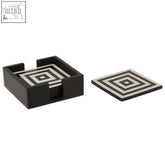 Donato set of 4 black and white white stripe coasters with bold square pattern in a matching black tray