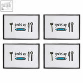 White rectangular placemats with black borders featuring a doodle set of four grubs up minimalist utensils and wording