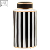 Doria large black and white stripes ceramic jar with white stripes and rose gold trimmed black lid for kitchen storage