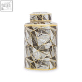 Doria small marble effect pattern ceramic jar with silver and black mirrored triangles and gold-trimmed lid and base