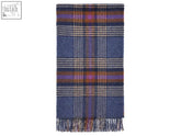 Mid blue dorset shetland pure new wool throw with navy blue purple and beige plaid and fringe detail