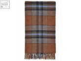 Dorset shetland pure new wool throw rust in warm brown plaid with blue green beige stripes and soft fringed wool texture