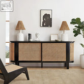 Black dot rattan sideboard with woven cane panels curved edges made of ash wood for stylish storage