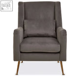 Gray velvet doucet chair with gold finish legs and sleek gold-tone metal frame for stylish seating