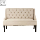Beige tufted doucet high back natural linen bench with dark wood legs natural linen bench for cozy seating