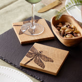 Square british oak coaster with an intricately engraved dragonfly design perfect for drinks or decor